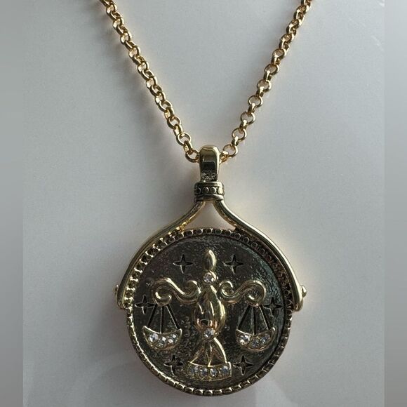 Libra Zodiac Sign Blue Crystal Medallion Pendant Necklace - Picture 6 of 8